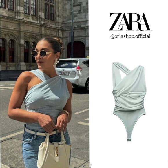 Zara Green Asymmetrical Ruched Sleeveless Bodysuit Size Small NWT - Picture 1 of 3